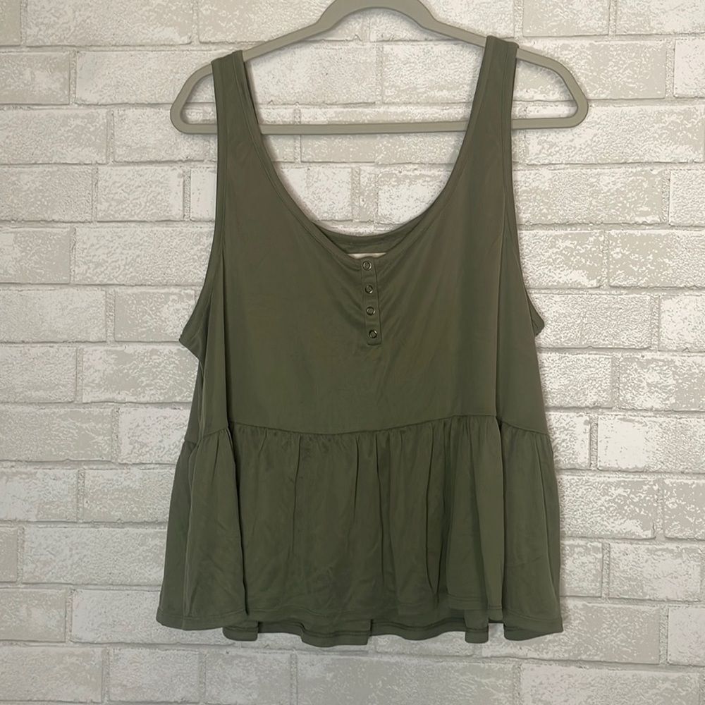 Lucky Brand XXL Green Ribbed Button Down Tank Top Scoop Neck Ruffled Hem Modal
